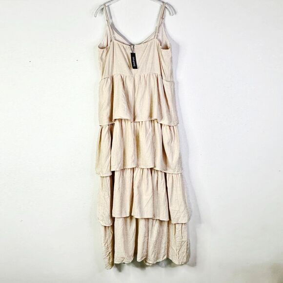 BOOHOO Dress Women 14 Beige V-neck Tiered Cotton Maxi Ruffle Layered Flounce NWT - Picture 4 of 9